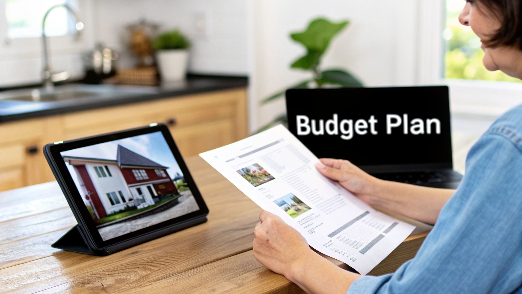 A person reviews financial documents, a house image on a tablet, and a laptop showing "Budget Plan."