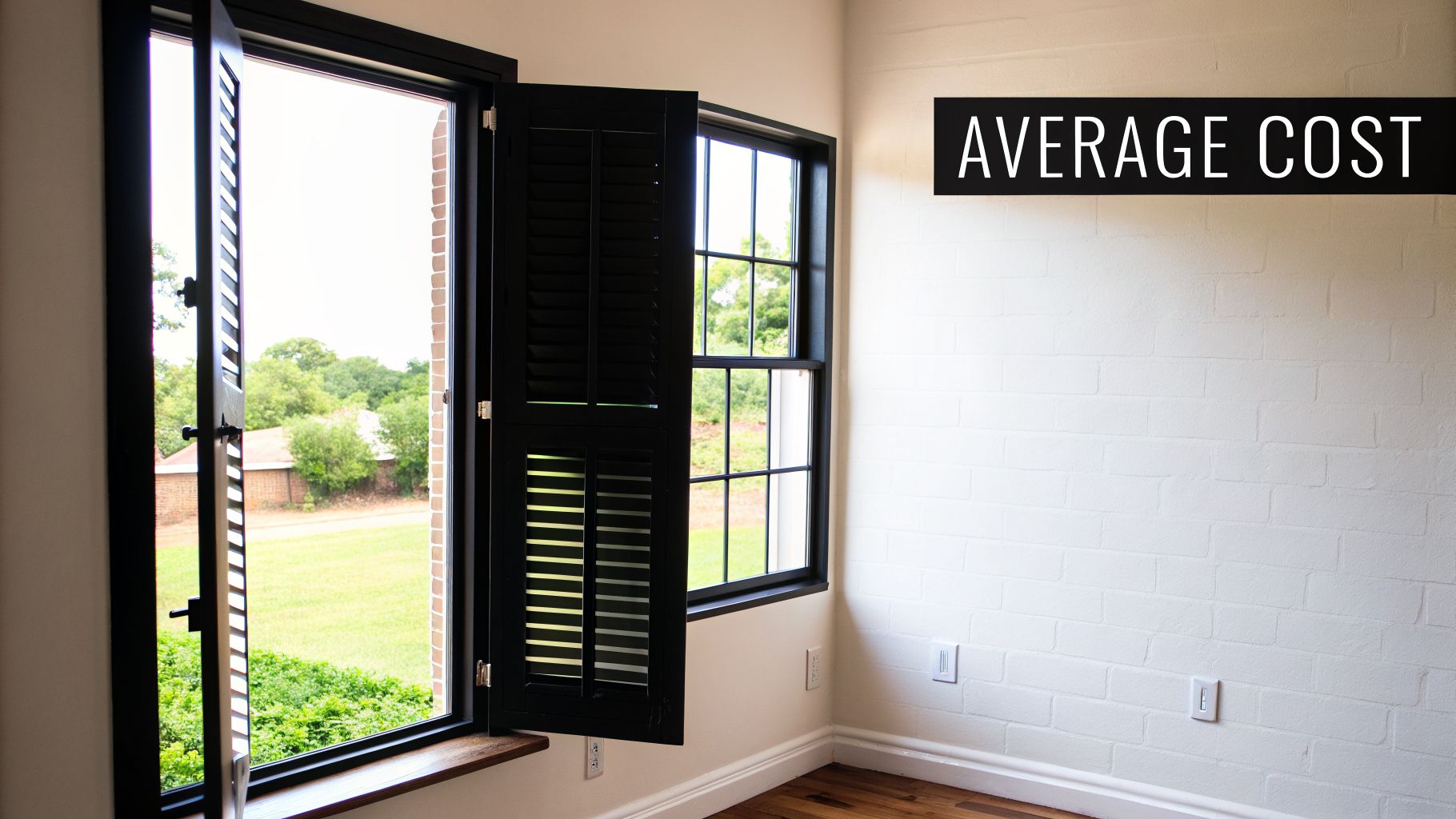A room with white brick walls, wooden floor, and open black shutters looking out to greenery.