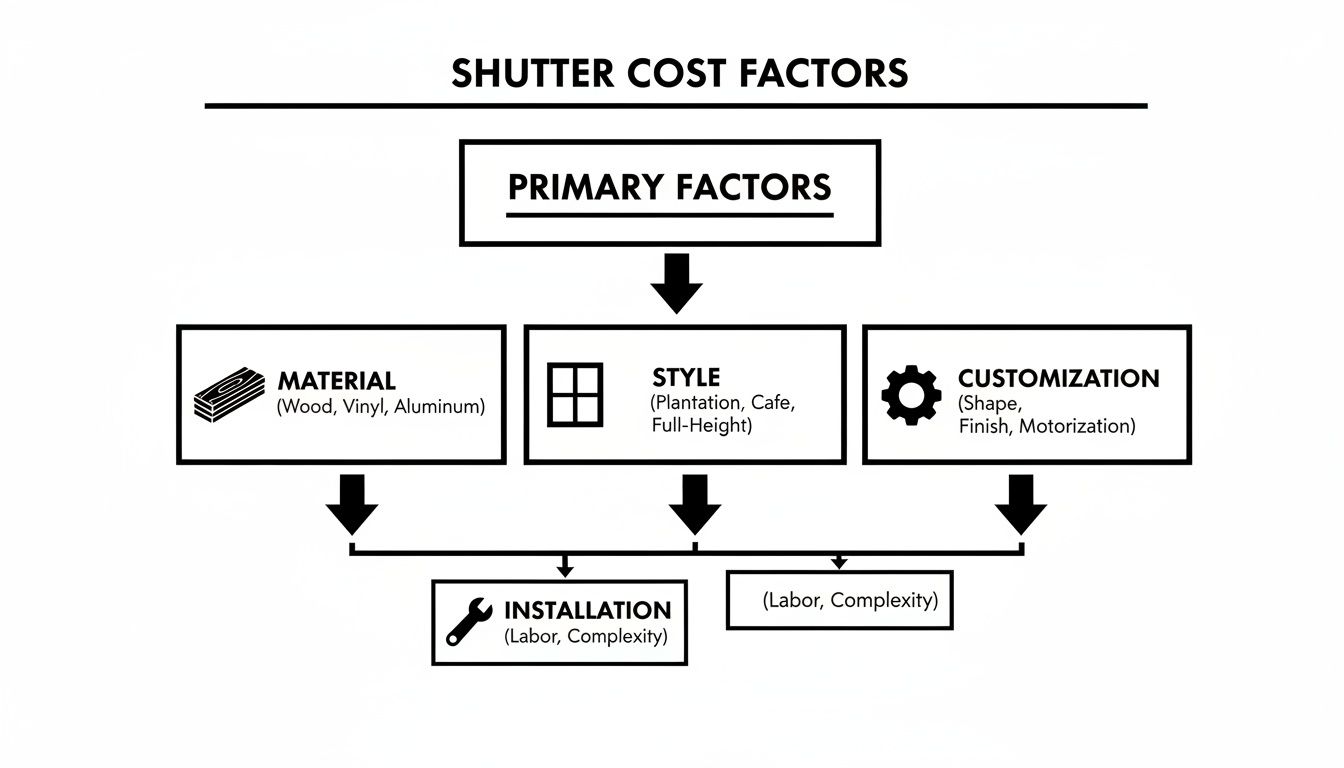 A flowchart detailing shutter cost factors, including material, style, customization, and installation.