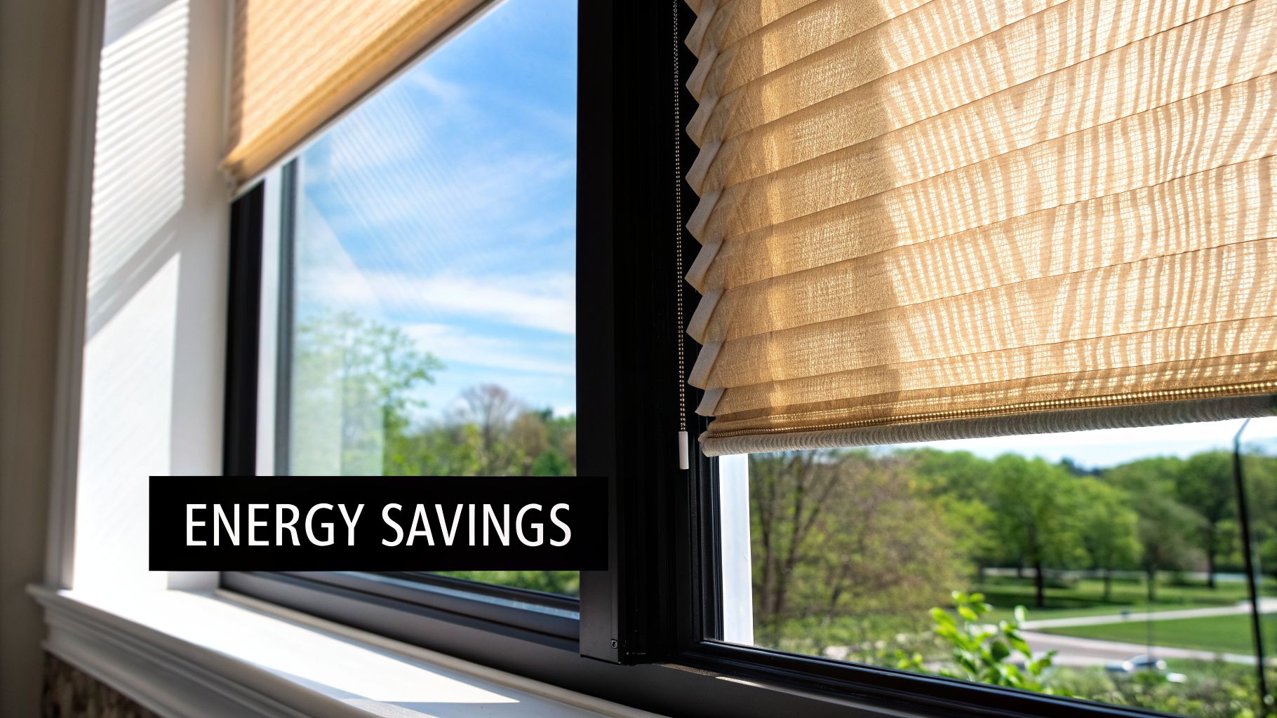 Tan cellular blinds cover a window overlooking a green park, promoting energy savings.