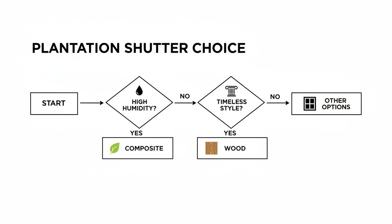 A flowchart guides plantation shutter choice based on high humidity and timeless style.