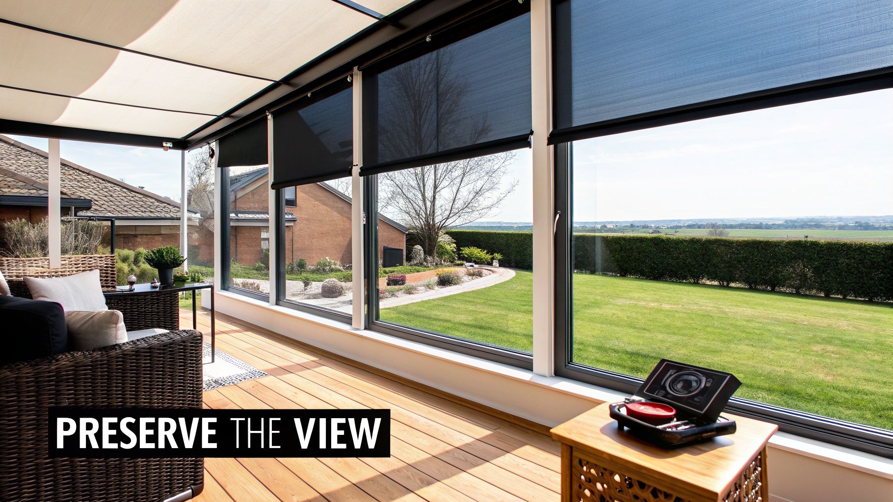 Sunroom with large windows, black roller blinds, and wicker furniture, overlooking a green garden and fields.