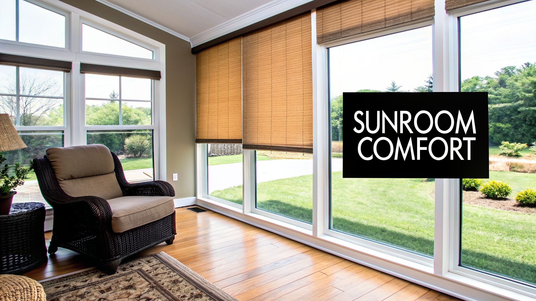 A bright sunroom with large windows, natural woven blinds, a cozy wicker chair, and hardwood floors.