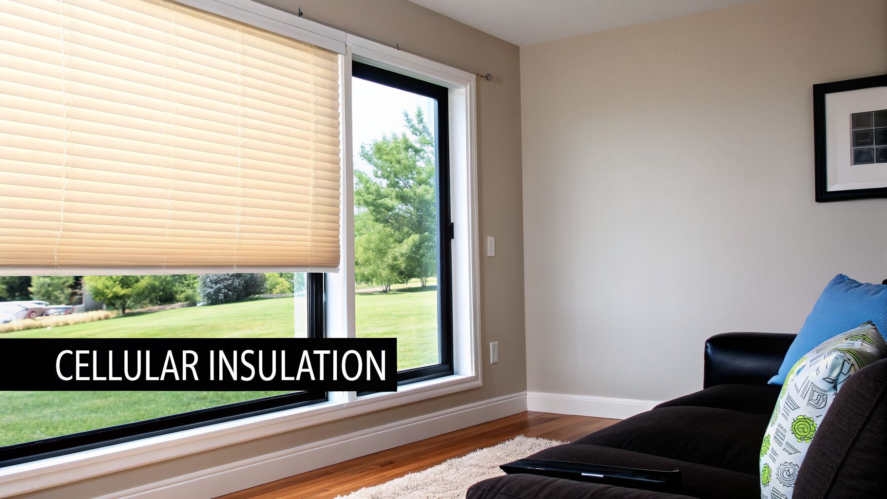 Modern living room with a large window featuring beige cellular blinds and a view of a green lawn.