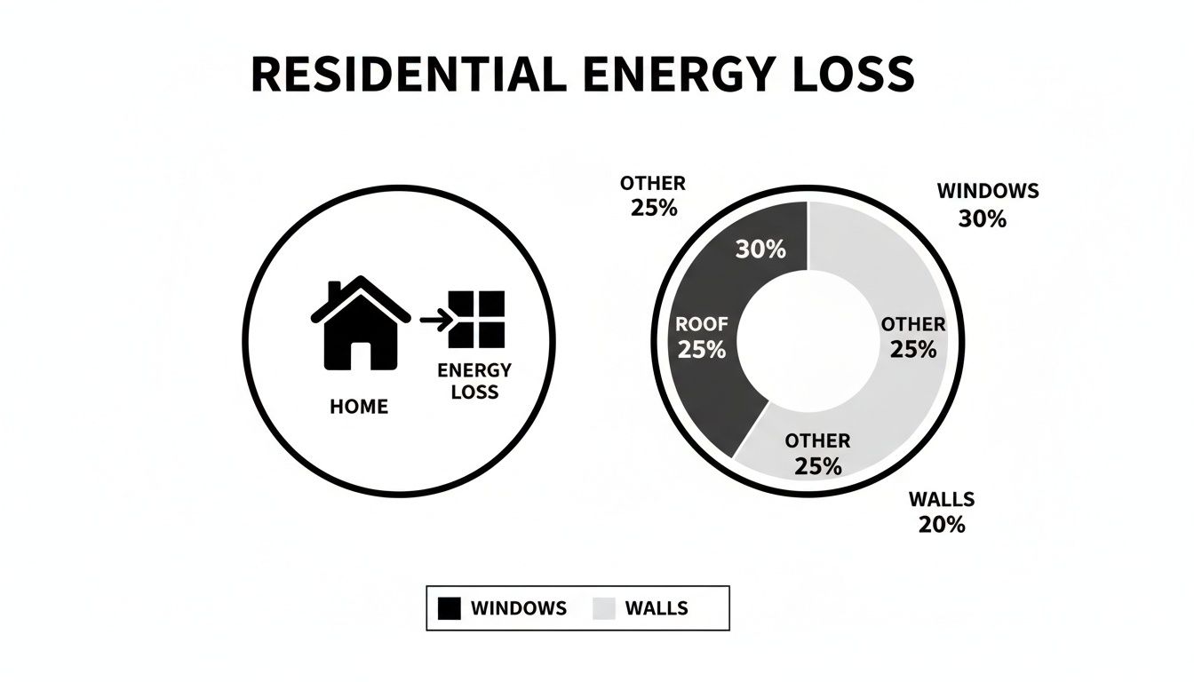 Infographic illustrating residential energy loss, detailing percentages lost through windows, roof, walls, and other areas.
