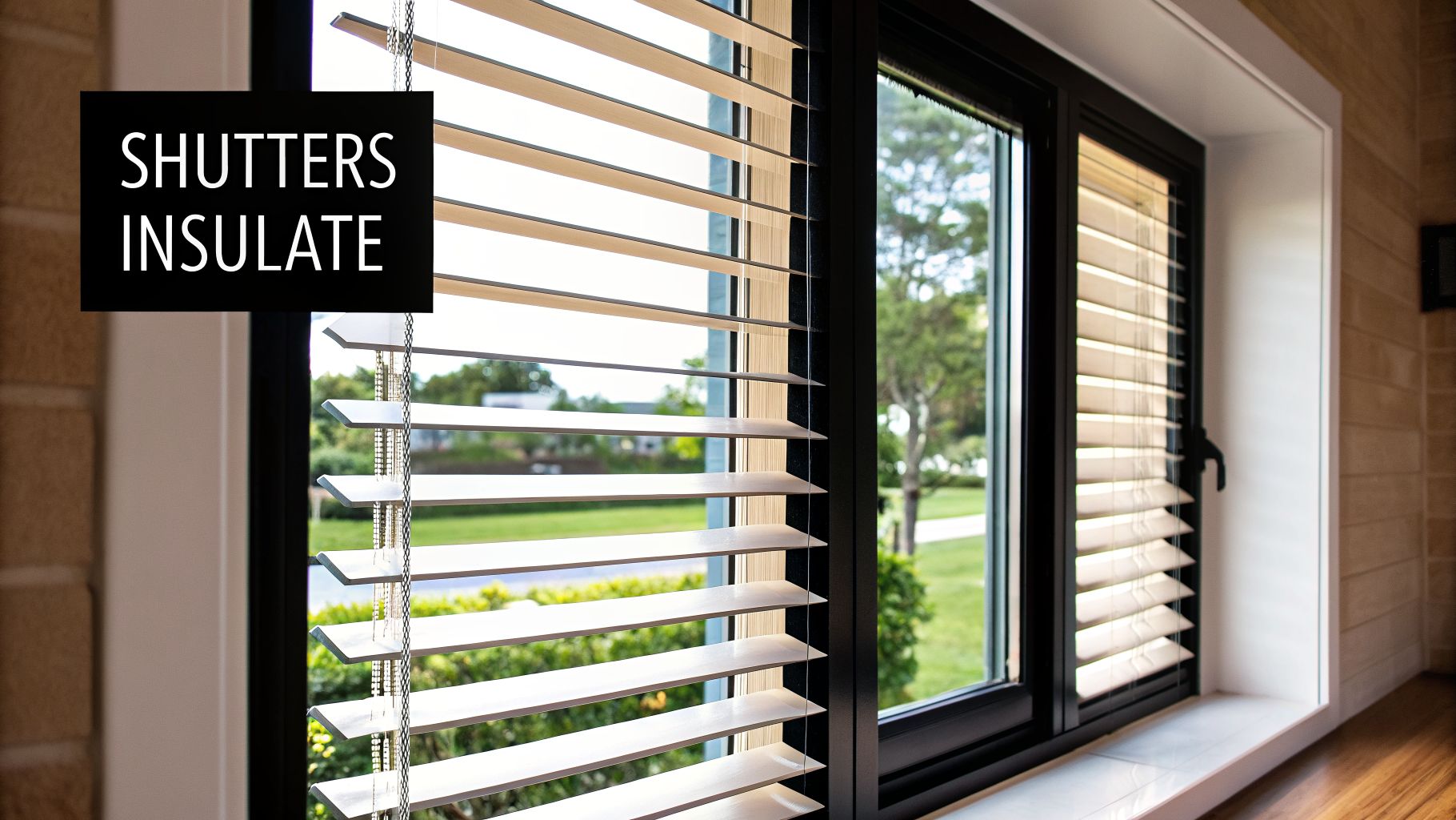 Modern window with light-colored shutters promoting insulation, offering a view of green trees outside.