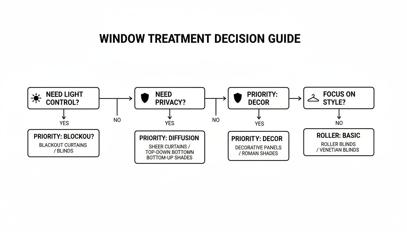 A flowchart titled 'Window Treatment Decision Guide' to help select window coverings based on light, privacy, decor, and style.