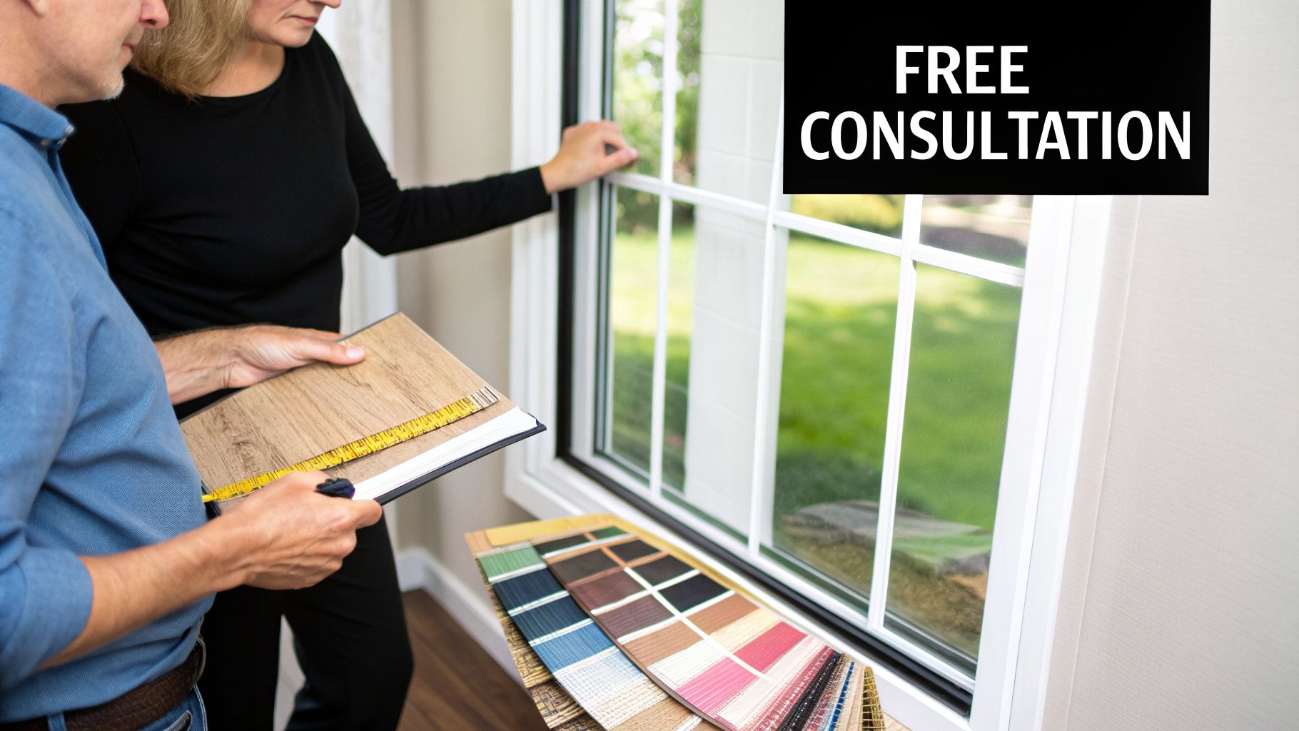 A man and woman review flooring and color samples by a window with a 'Free Consultation' overlay.