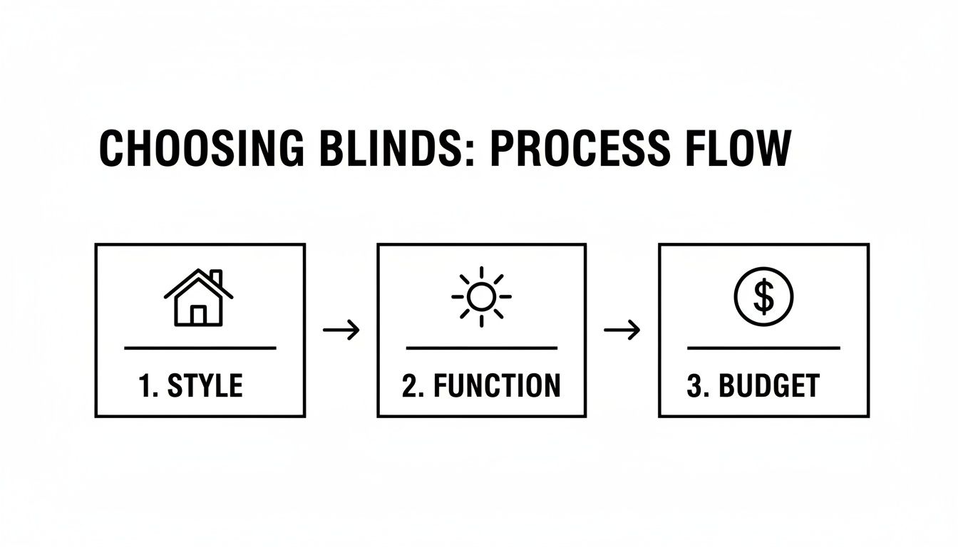 A process flow diagram illustrating three steps for choosing blinds: style, function, and budget.