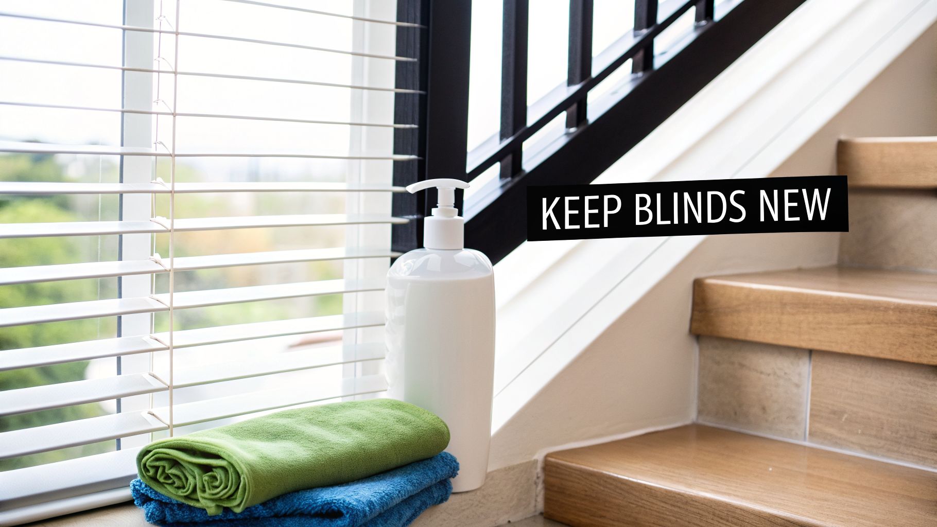 White window blinds with microfiber towels and a soap bottle, suggesting tips to keep blinds new.