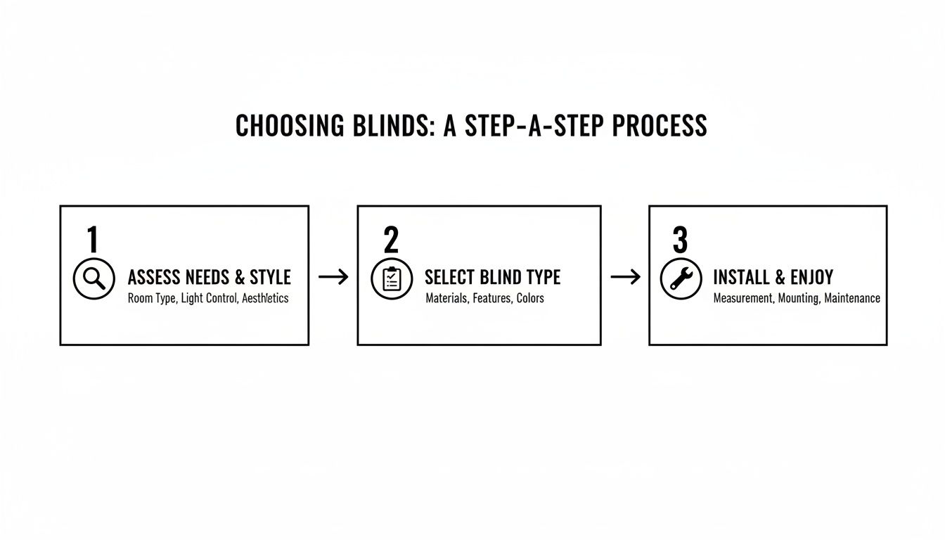 A clear, concise 3-step process flowchart for choosing and installing window blinds.