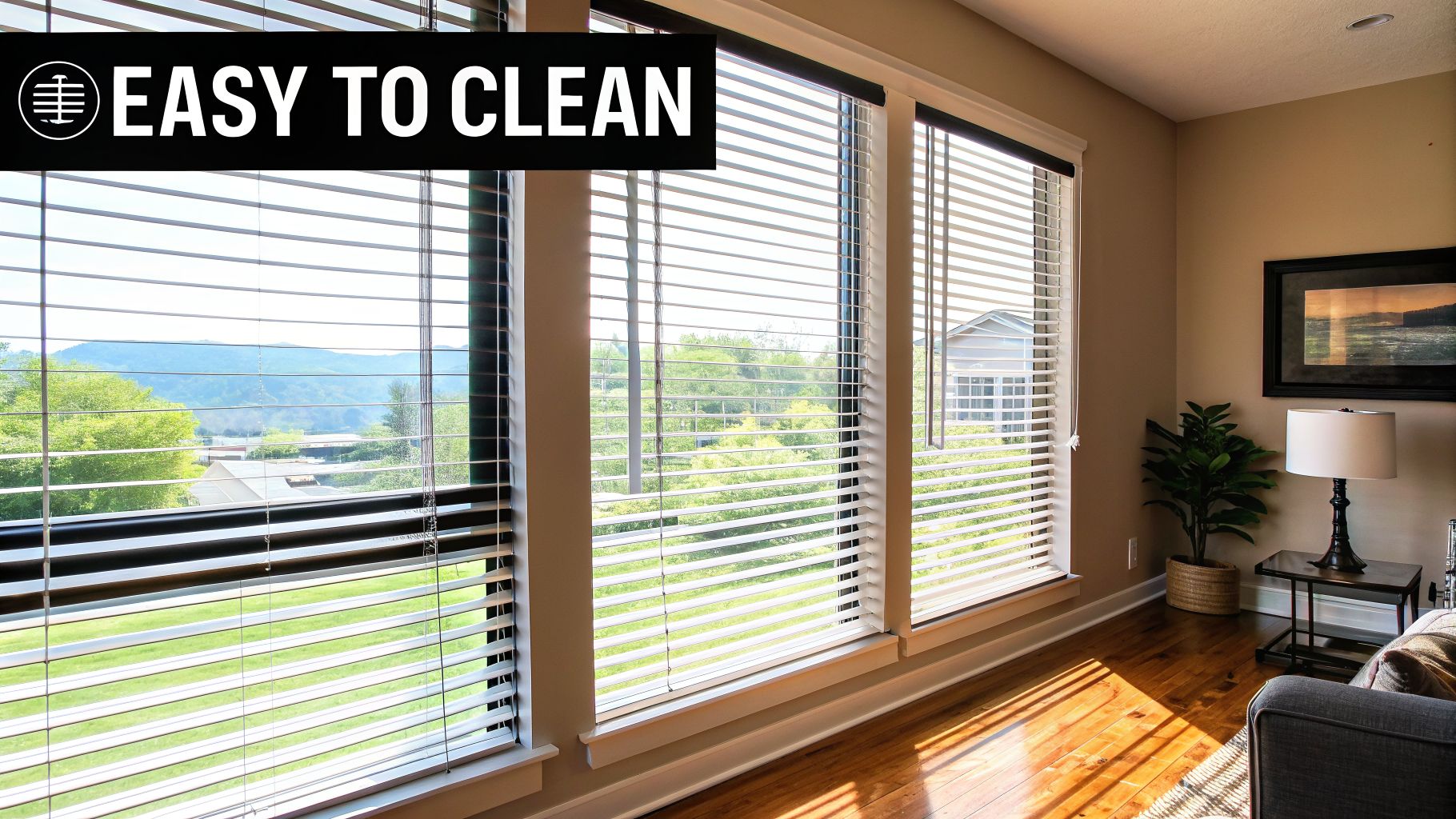 Large living room windows with white horizontal blinds, offering a view of a scenic outdoor landscape.