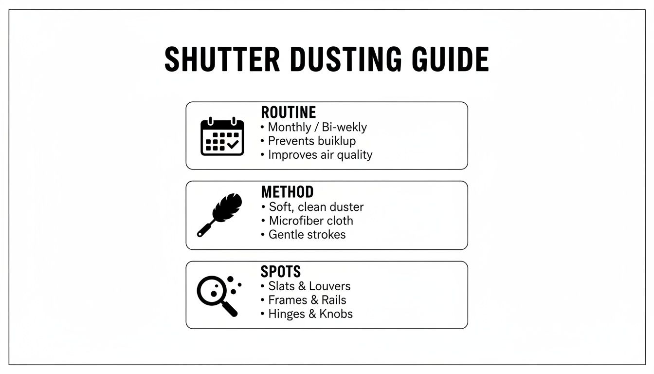 A shutter dusting guide detailing routine, method, and specific spots for effective cleaning.