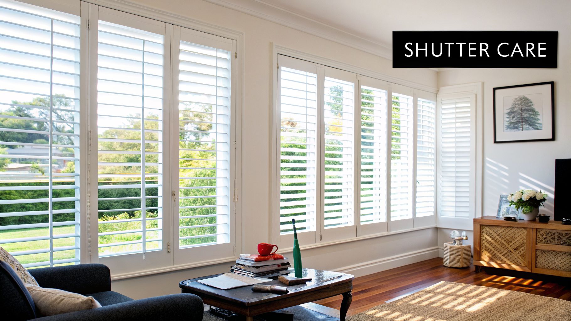 Sunny living room featuring white plantation shutters on large windows and a 'Shutter Care' banner.
