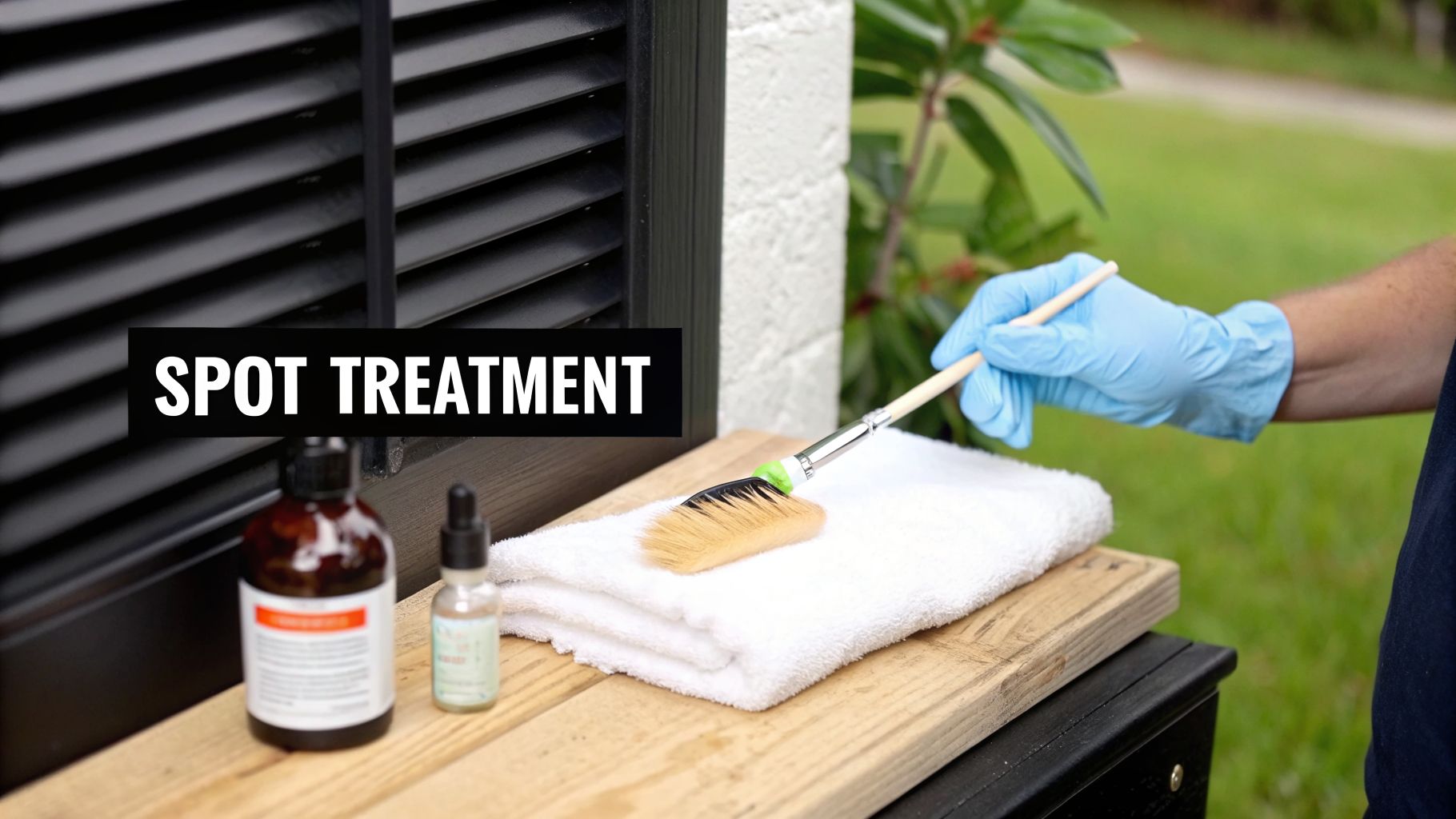 A person in blue gloves prepares for spot treatment on shutters, with a brush, towel, and two small bottles.