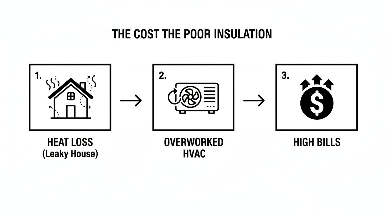 Diagram illustrating how poor home insulation leads to heat loss, an overworked HVAC system, and high energy bills.