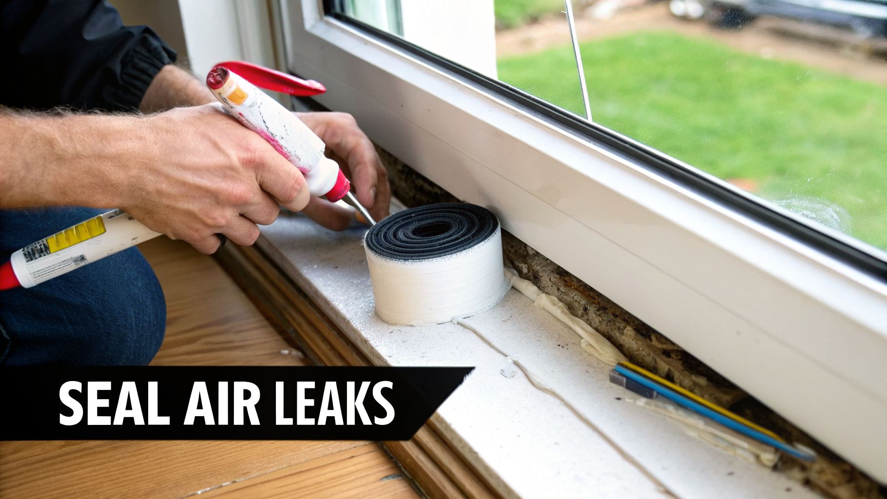 A person seals air leaks around a window with caulk and weatherstripping for better home insulation.