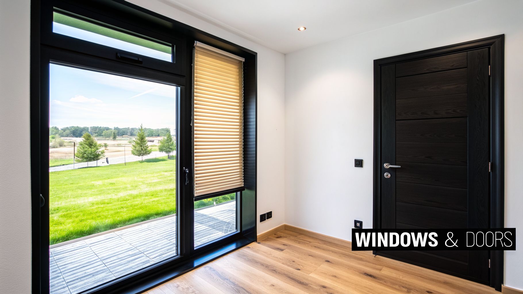 A modern room featuring a large black-framed window with a green outdoor view and a dark wooden door.