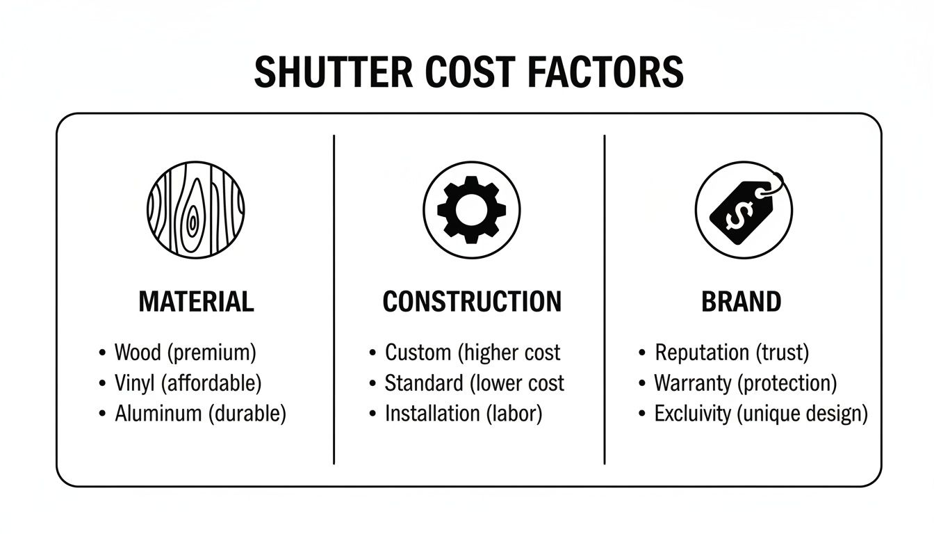 Infographic illustrating key shutter cost factors: material, construction, and brand considerations.