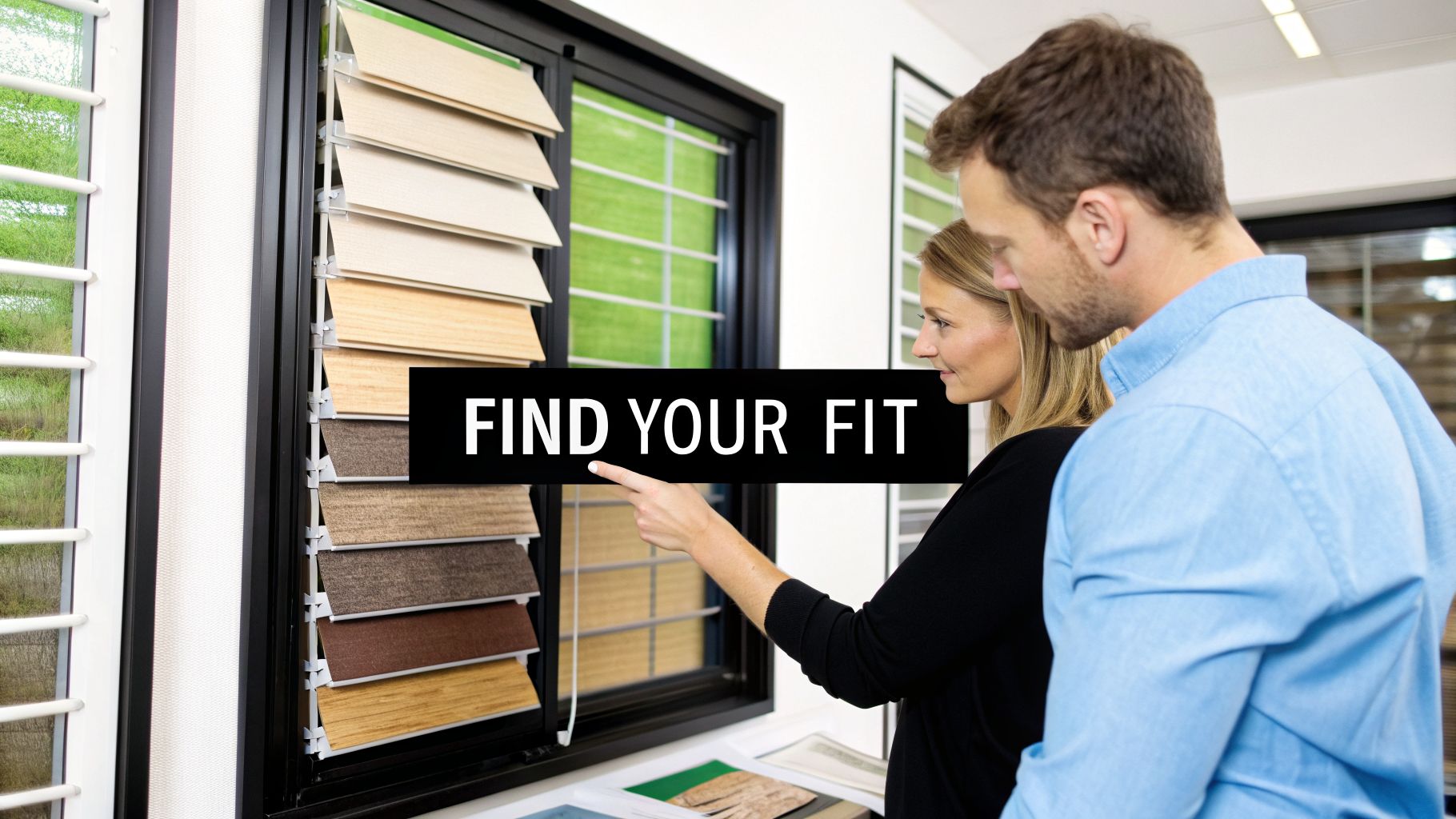 A woman and man selecting interior window shutter samples from a display with various textures.