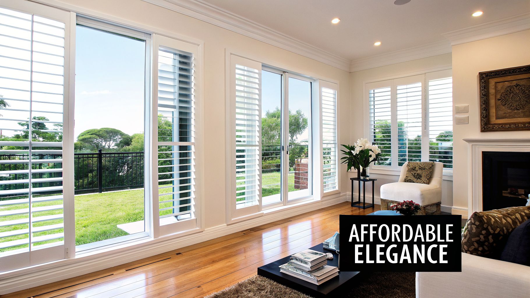 A bright living room with large windows, white interior shutters, and a view of a green garden.