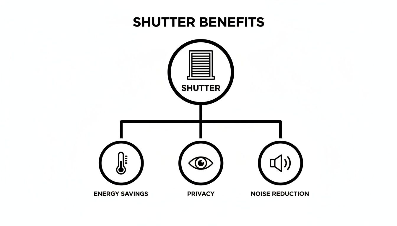 A diagram illustrating the benefits of shutters, highlighting energy savings, privacy, and noise reduction.
