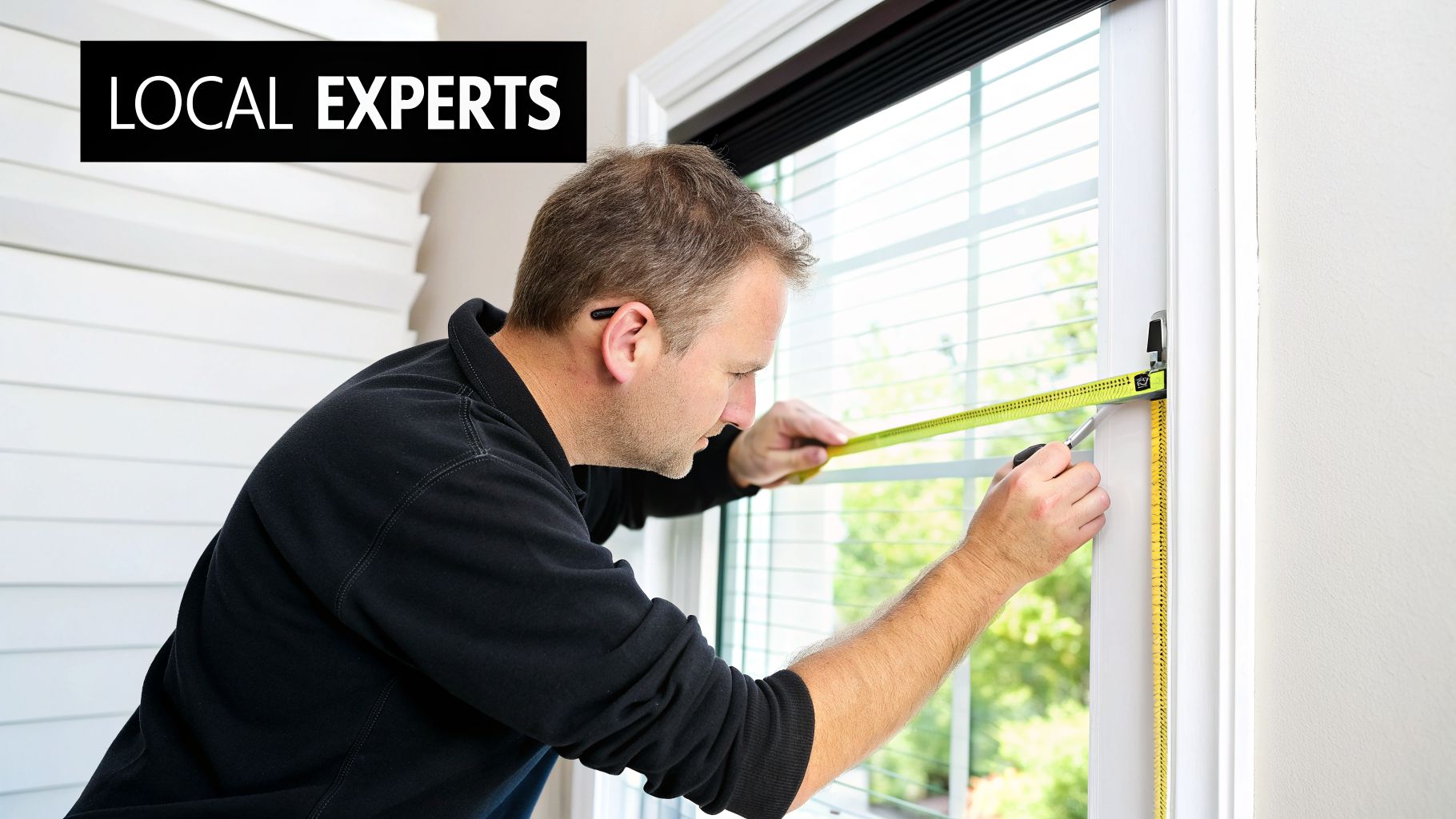 A local expert measures a window with a tape measure for interior plantation shutters installation.