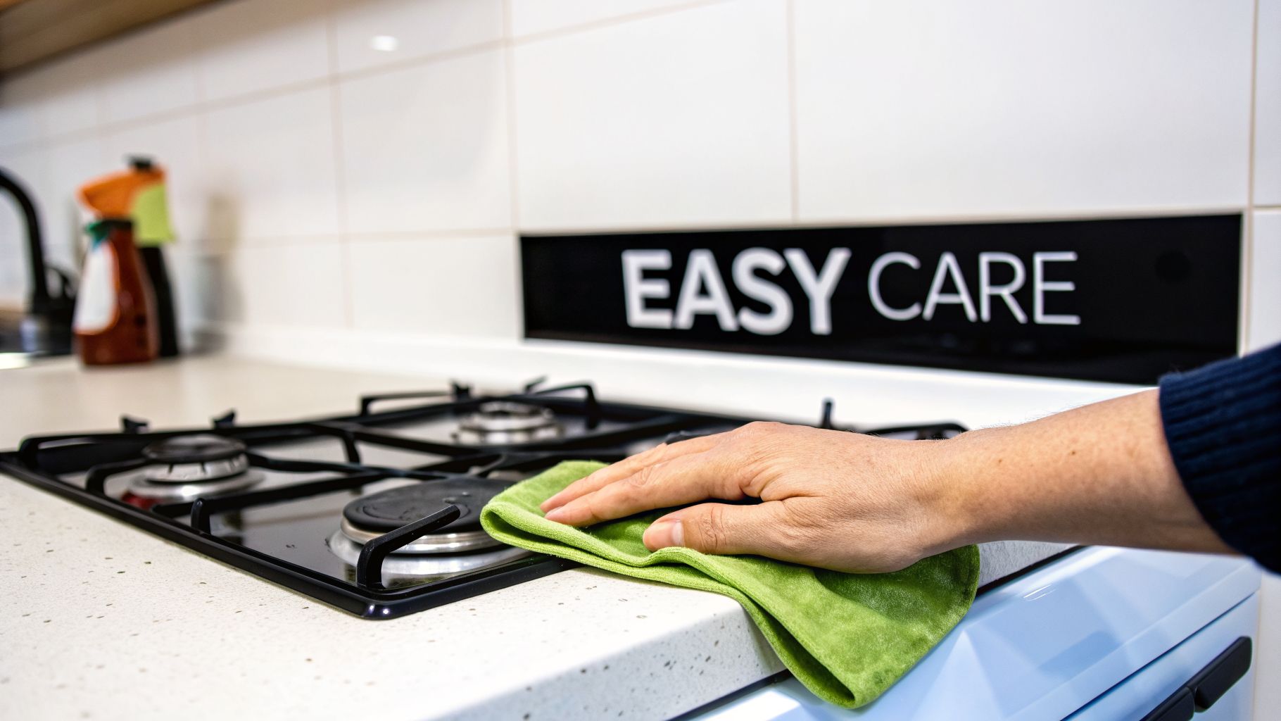 A person's hand with a green microfiber cloth cleaning a black gas stovetop in a modern kitchen.