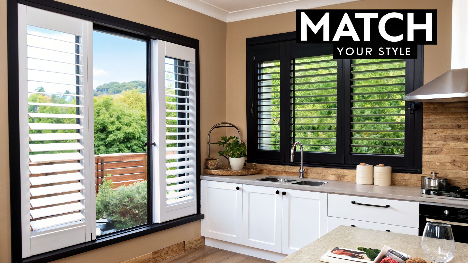 A stylish kitchen with black and white window shutters overlooking a lush green garden.