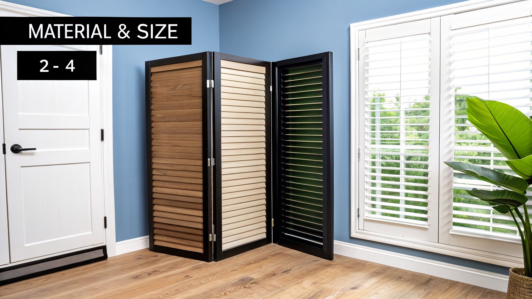 Three-panel louvered room divider with different wood colors next to a window with white shutters in a blue room.