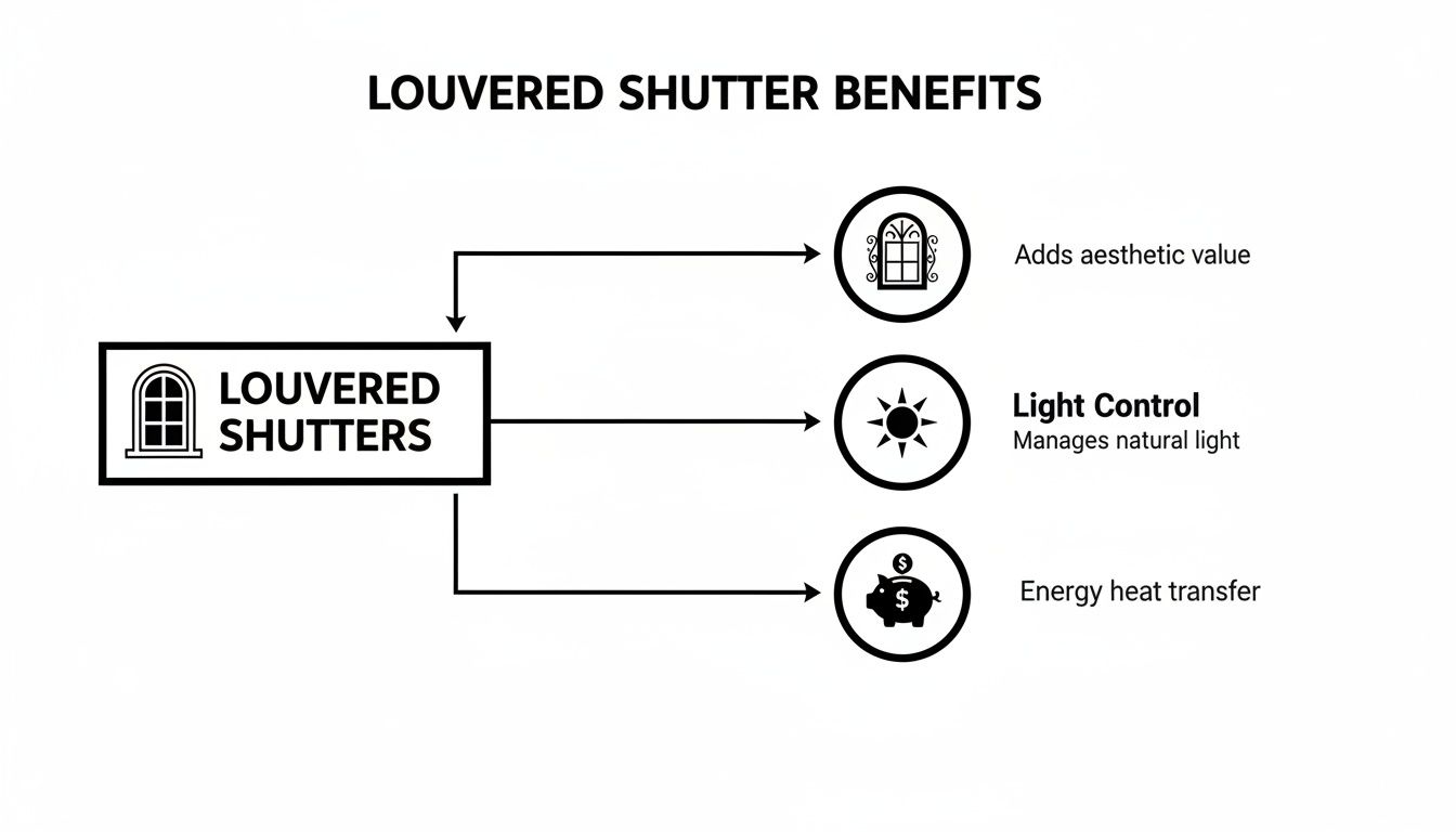 Diagram illustrating the benefits of louvered shutters, including aesthetic value, light control, and energy management.