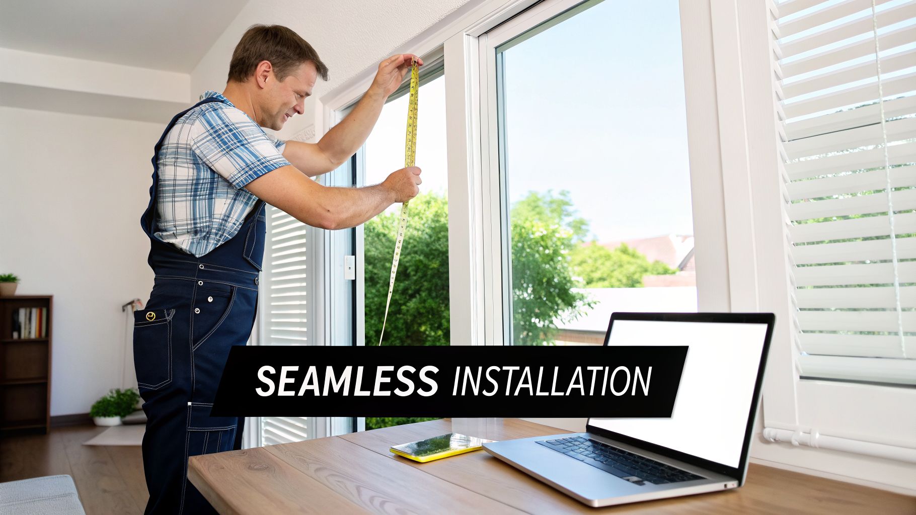 A man in work overalls measures a window with a tape measure for a seamless installation.
