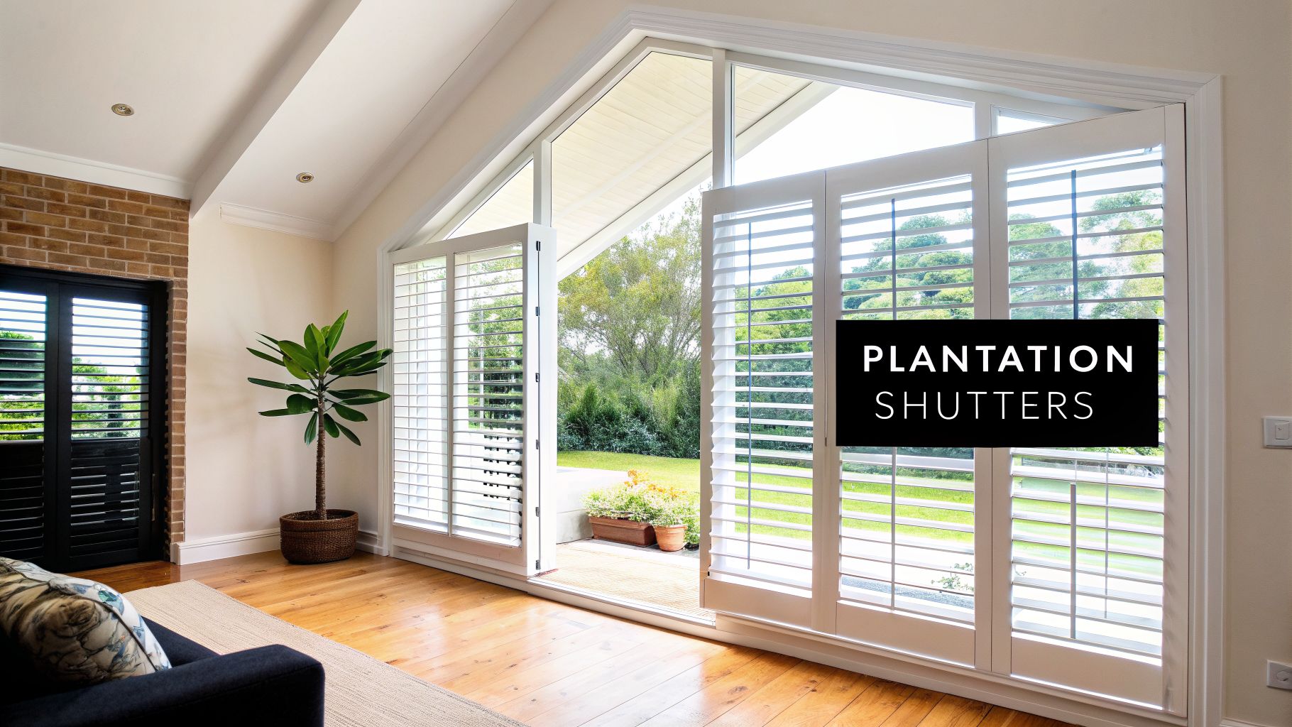 Bright living room with white plantation shutters on large patio doors opening to a lush garden.