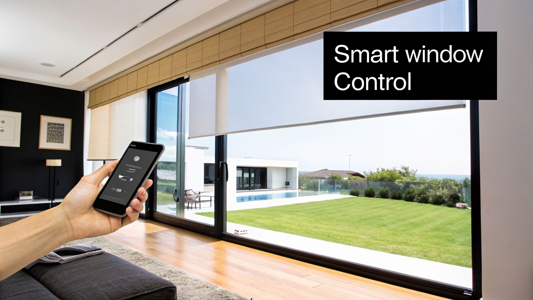 Hand controlling smart window blinds via smartphone app in a modern living room with a view.