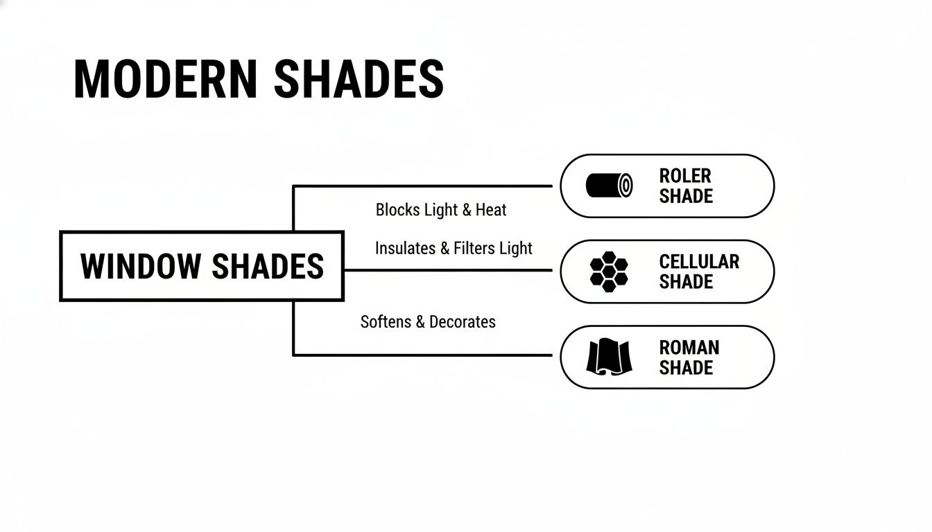A diagram illustrating modern window shades: roller, cellular, and Roman shades with their functions.