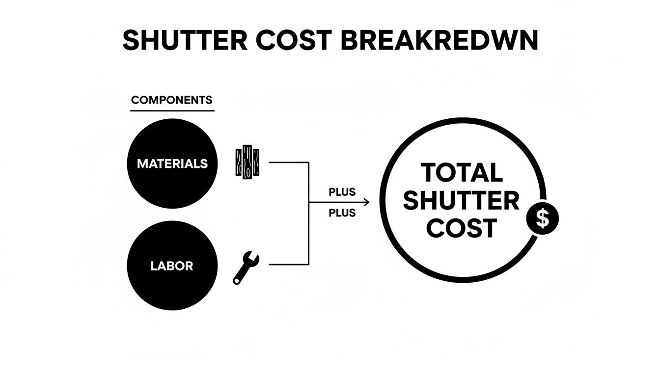 Diagram illustrating the breakdown of total shutter cost into materials and labor components.