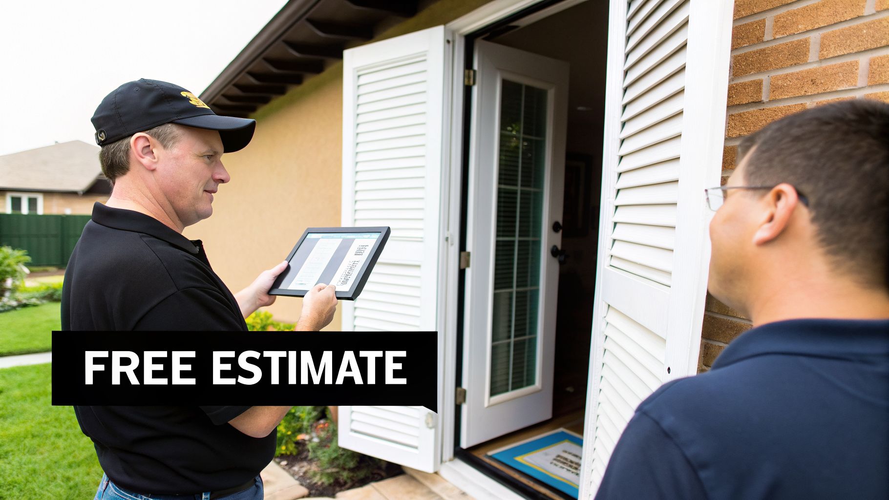 A service technician holding a tablet provides a free estimate to a homeowner for plantation shutters installation.