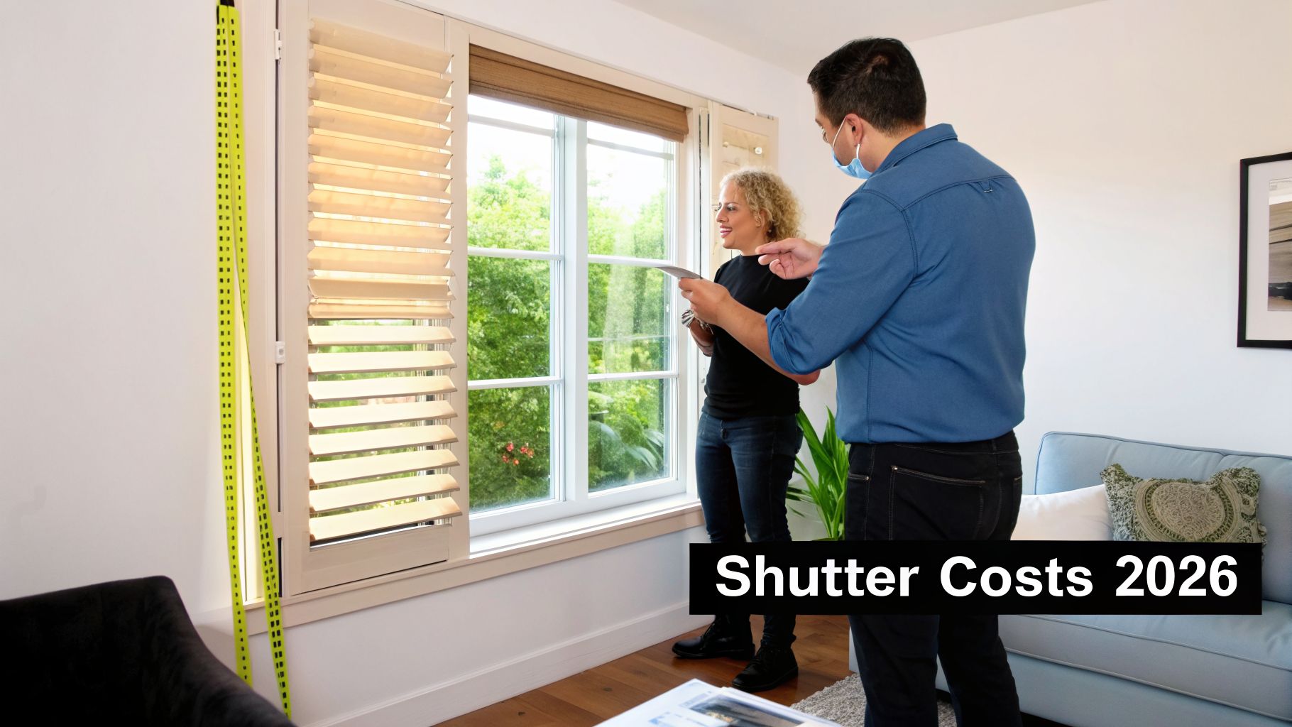 Man in mask and woman discuss plantation shutter installation cost by window, with measuring tape.