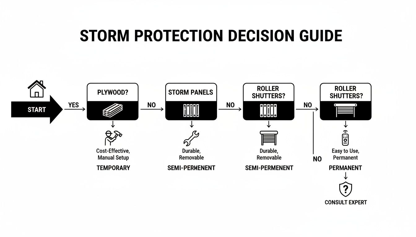 A storm protection decision guide flowchart detailing options like plywood, storm panels, and roller shutters.
