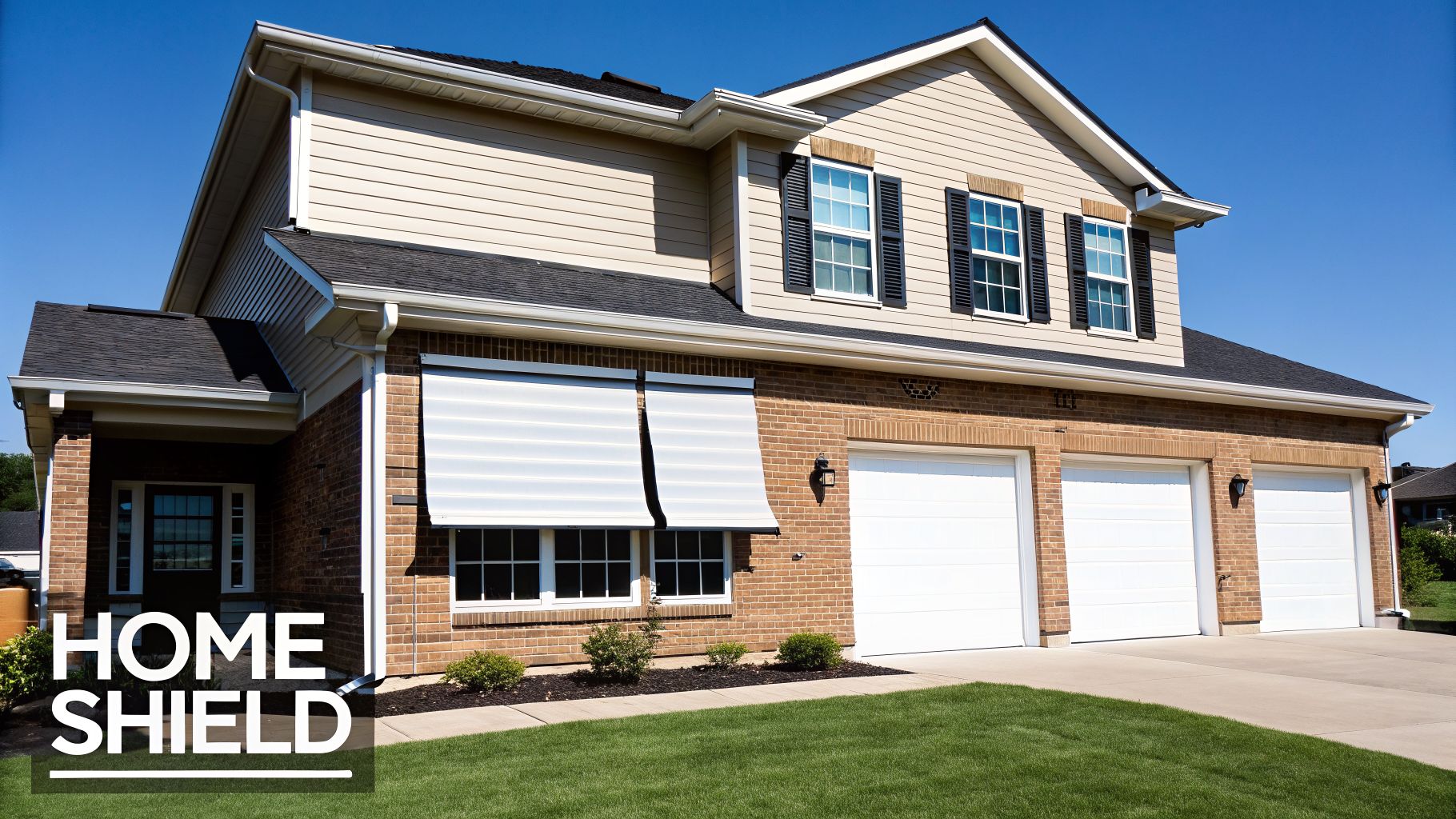 Exterior view of a two-story house with white roller hurricane shutters and three white garage doors.