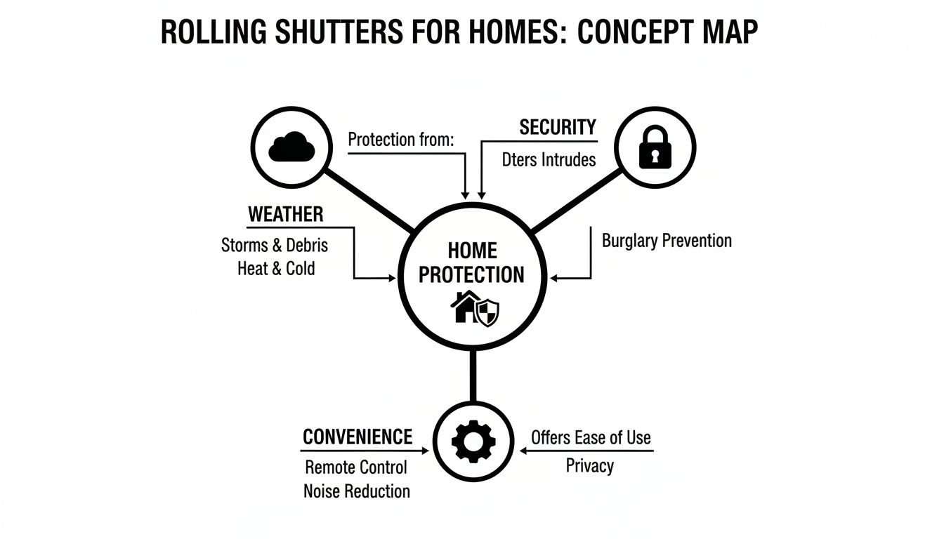 A concept map illustrating how rolling shutters provide home protection by addressing weather, security, and convenience.