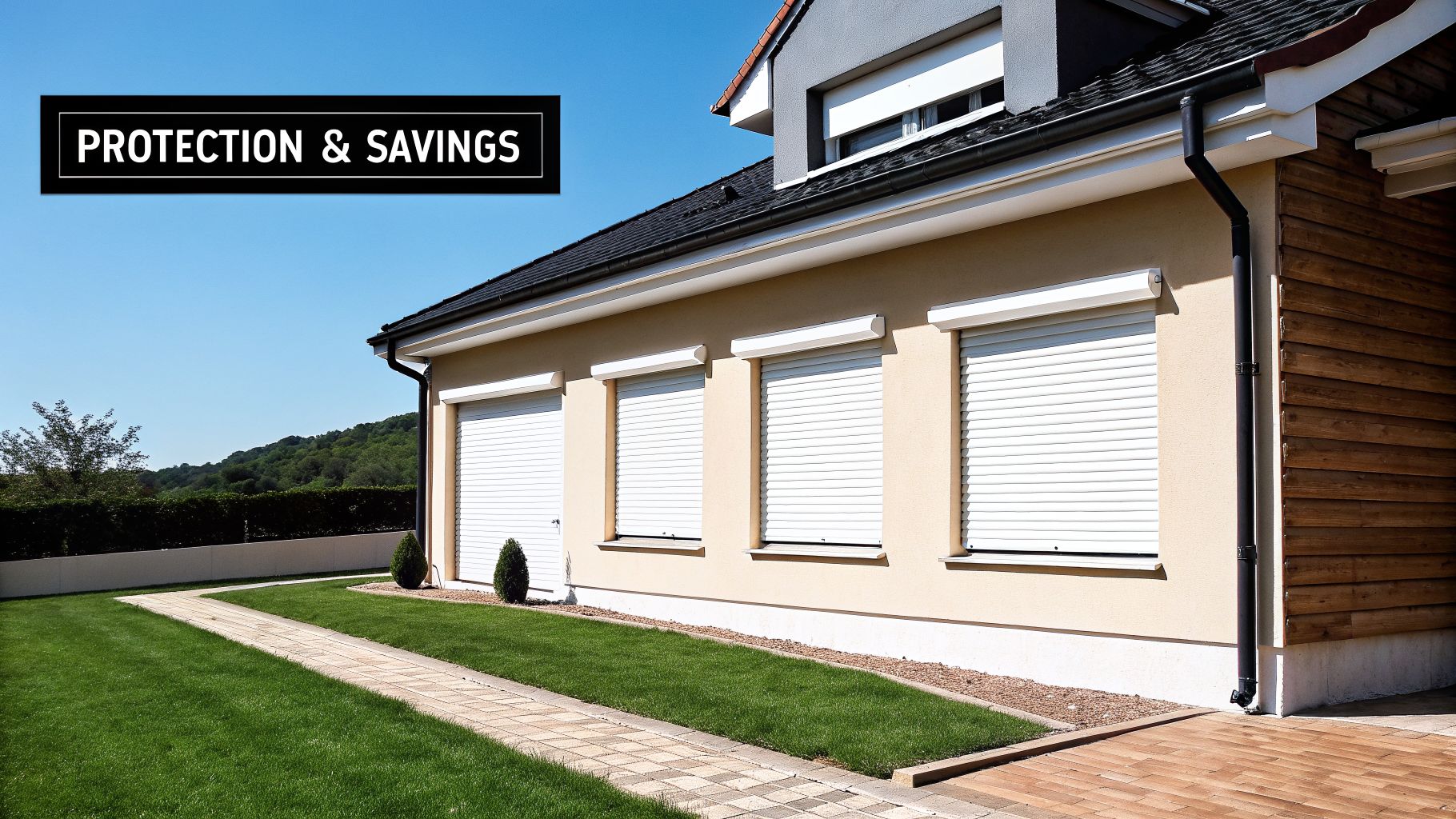 Modern house with white rolling shutters on windows, emphasizing protection and savings under a clear sky.