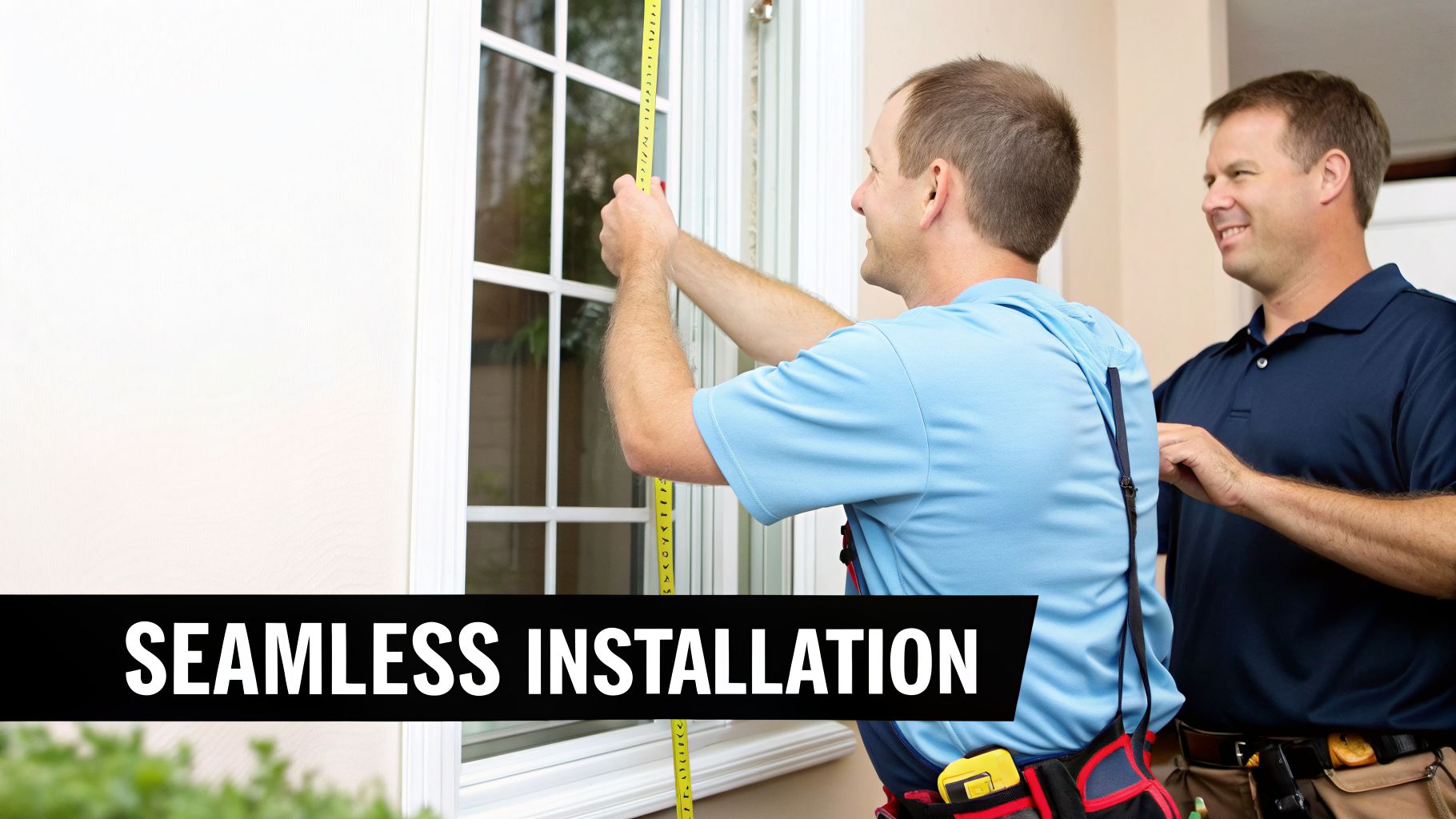 Two professional installers accurately measure a window for a seamless installation, one with a tape measure.