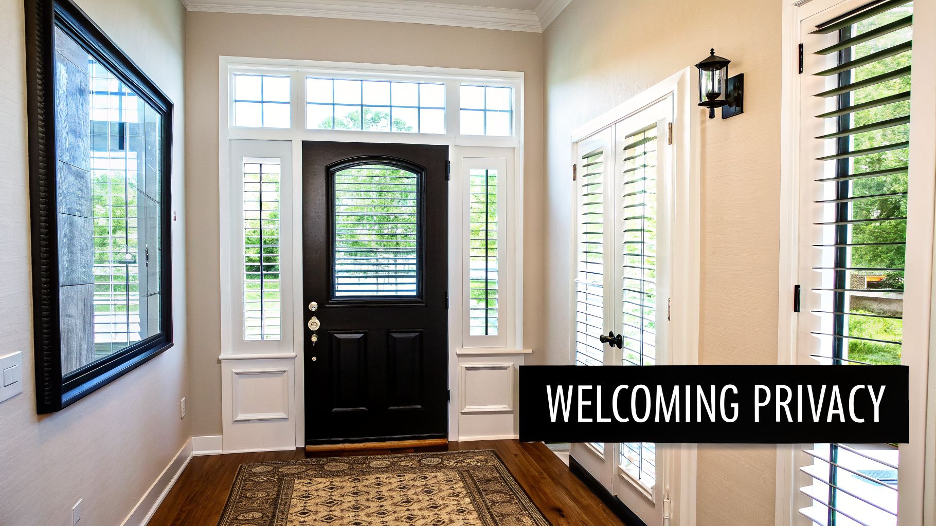 A home entryway featuring a black front door, sidelight, and transom windows with white plantation shutters.