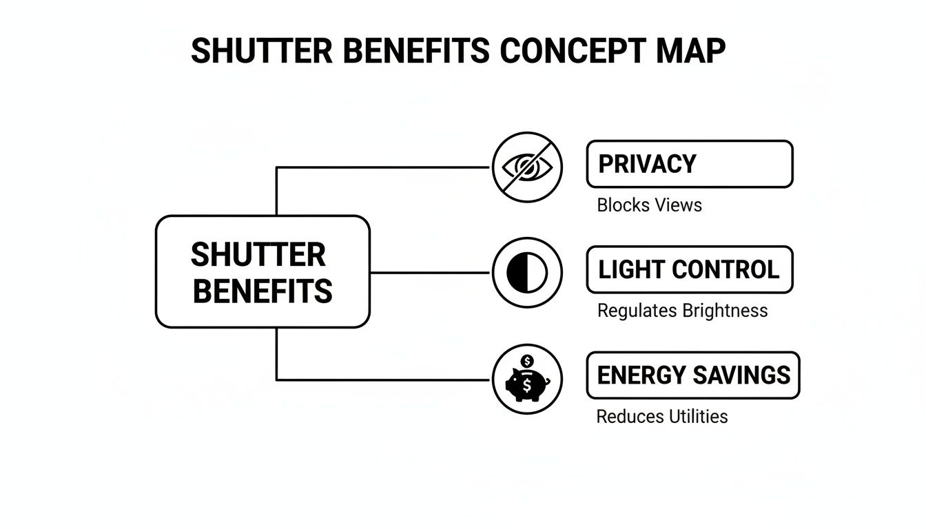 A concept map illustrating shutter benefits: privacy (blocks views), light control (regulates brightness), and energy savings (reduces utilities).