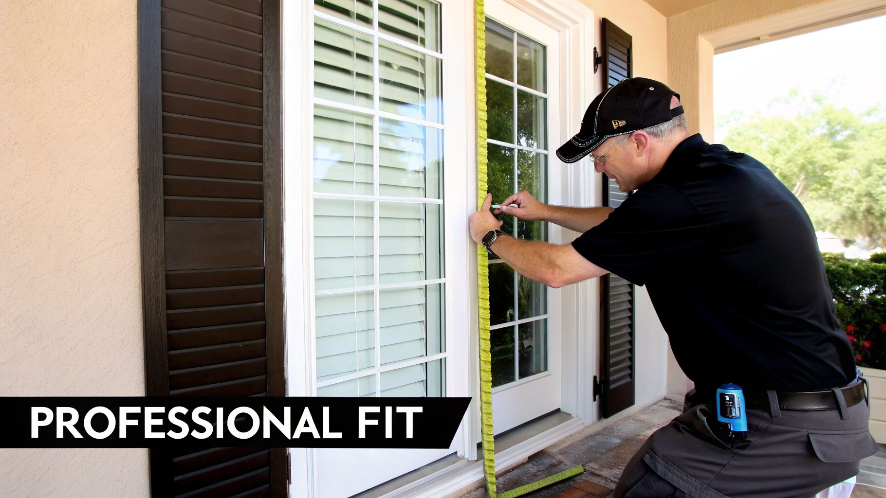 Technician measures a door frame for a perfect fit, showing attention to detail for installation.