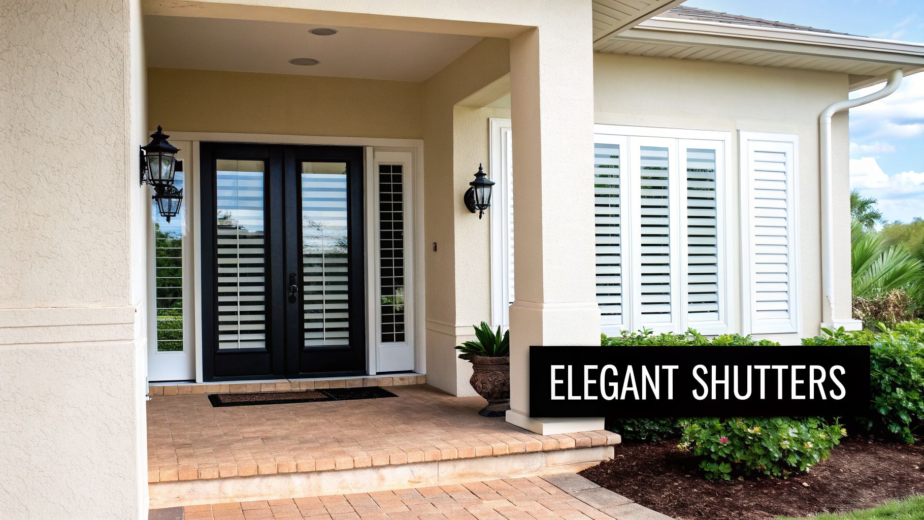 Elegant home entrance with white exterior shutters, dark interior door shutters, and decorative lanterns.