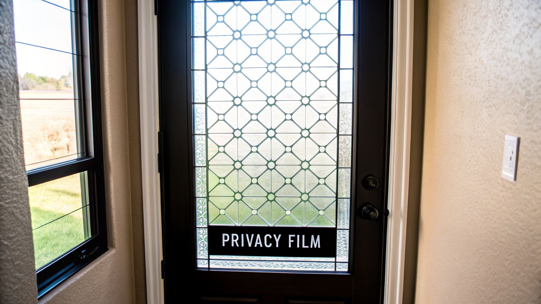 A dark brown door with a decorative privacy film labeled 'PRIVACY FILM' and a window beside it.