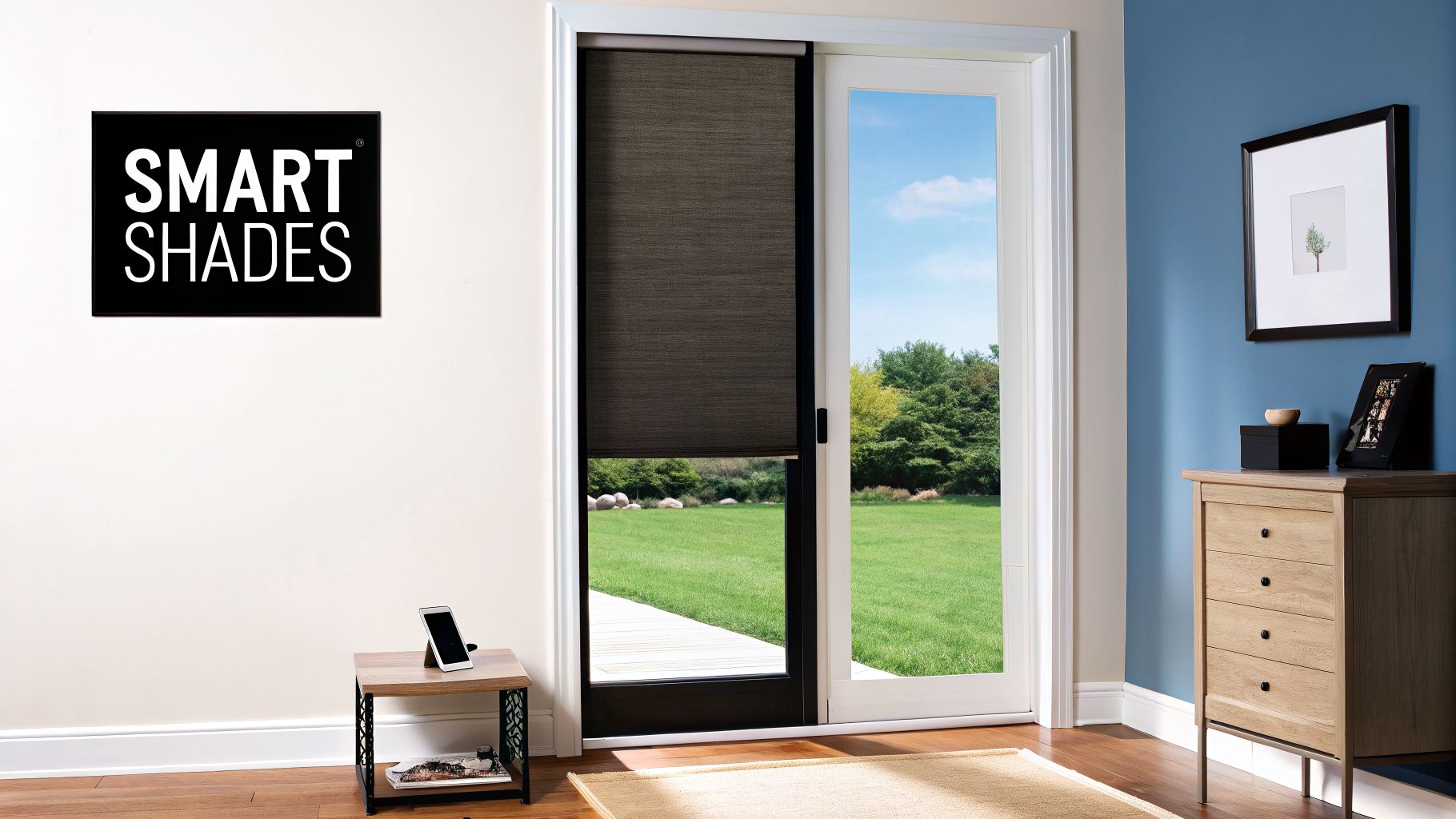 Smart shades on a sliding glass door in a modern room with a blue accent wall and minimalist decor.