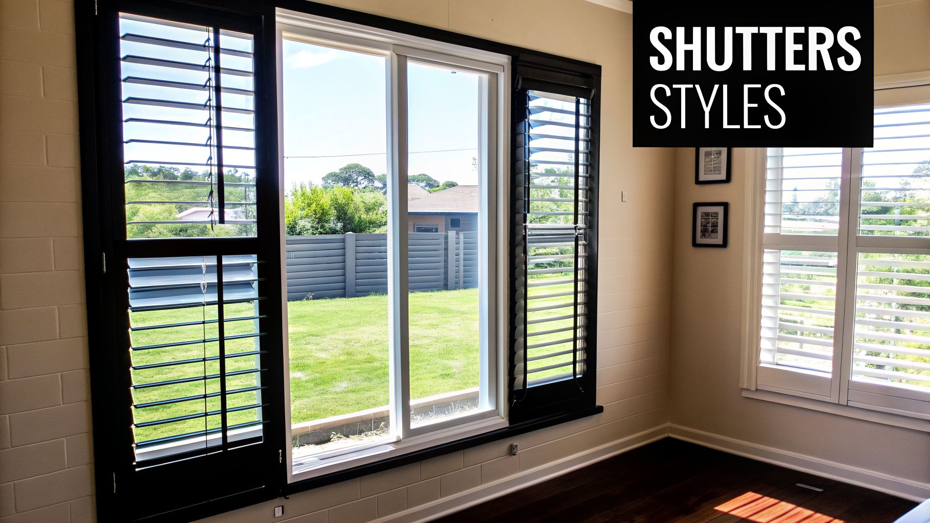 A bright room showcasing two distinct styles of plantation shutters: black bi-fold and white classic.